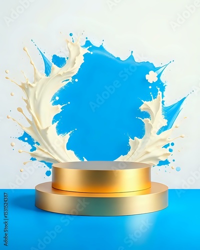 A smooth gold podium centered on a solid electric blue background, accented with a dramatic cream explosion behind best for luxury product showcase 