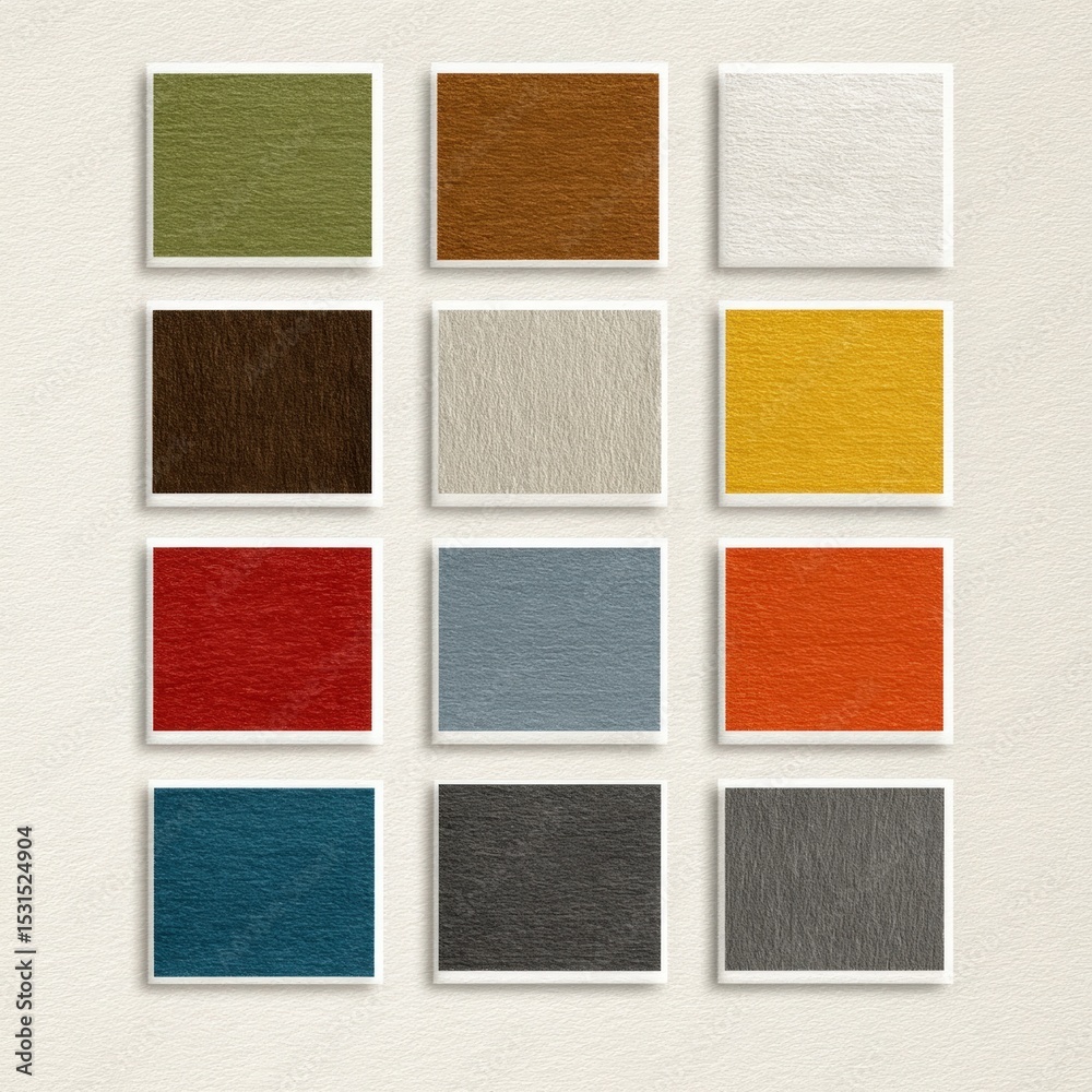 Fototapeta premium Colorful textured fabric swatches arranged in a grid pattern on a light background, showcasing a variety of hues and materials for design inspiration and creative projects