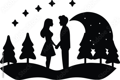 Romantic Couple Holding Hands – Night Forest Silhouette Vector