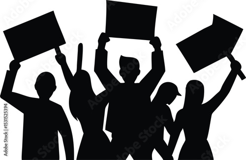 Protest Crowd Silhouette Holding Signs - Activist Demonstration Vector Art