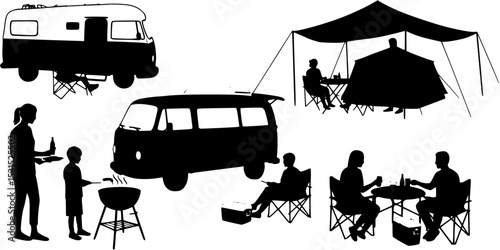 Silhouette of camper van family bbq picnic outdoors

