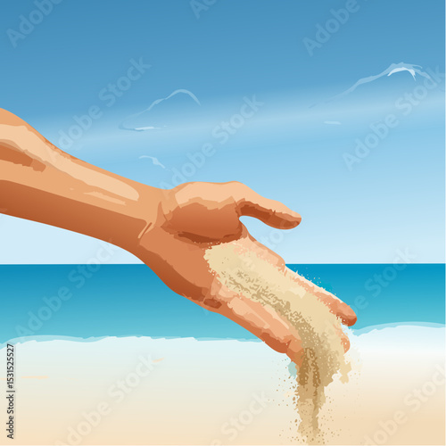 Hand releasing sand on a beach, symbolizing the passage of time, evoking feelings of freedom and relaxation during a vacation experience by the ocean