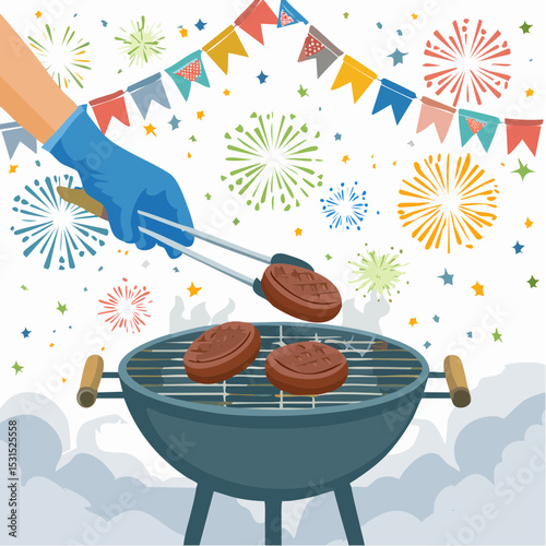Hand in blue glove using tongs to grill burgers on barbecue, surrounded by colorful festive bunting and vibrant fireworks celebrating summer holiday
