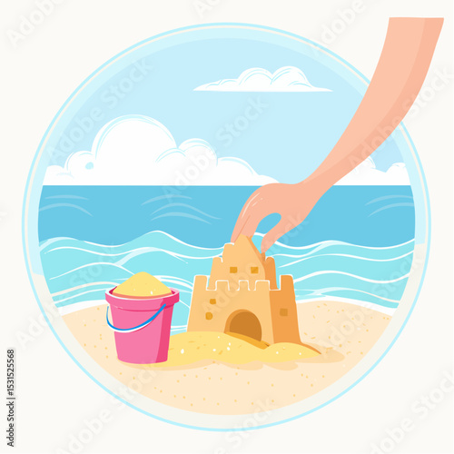 Children's hand building a sandcastle on a sunny beach, with a pink bucket nearby, surrounded by gentle waves and fluffy clouds in a bright blue sky