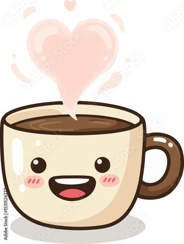 cup of coffee with heart Cute Coffee Cup Cartoon with Steam and Smile