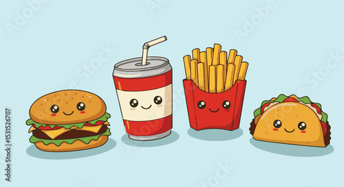 Cute Fast Food Cartoon Trio – Burger, Fries & Drink Vector