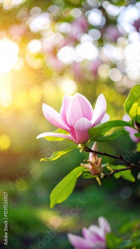 Pink magnolia blossom in sunlit garden