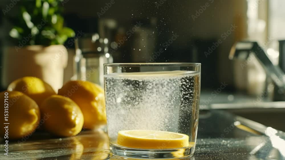 A glass of water splashes as a lemon slice drops in. Fresh lemons are placed nearby on a kitchen counter. Bright and refreshing scene.