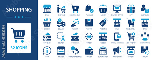 Shopping flat icons collection. People shop in stores and online. Store, delivery, promotion.