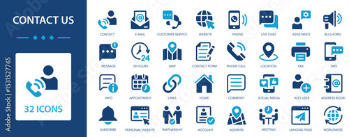 Contact us flat icons collection. Assistance in the operation of services and websites. Phone, support, chat, address, customer service, call.