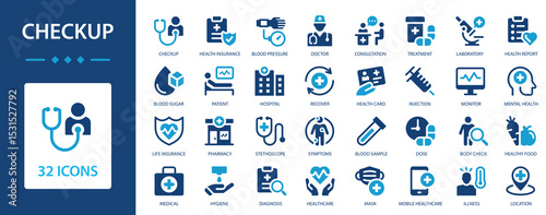Checkup flat icons collection. Scheduled medical examination of the human body. Health, doctor, check up medicine, hospital, treatment, healthcare, nurse, pills, clinic.