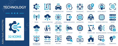Technology icons collection. Modern technologies and technologies of the future. Ai, drone, robotics, iot, biometric, geolocation. Simple flat vector icon.