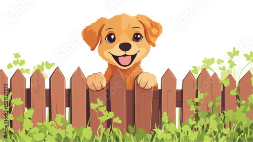 Playful Cute Dog on Fence with Copy Space Background Vector Illustration