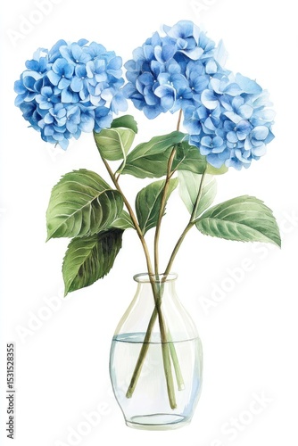 Watercolor painting of three blue hydrangeas in a clear glass vase with water