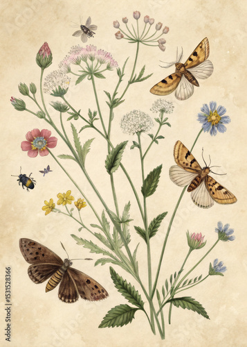 Antique Botanical Poster with Moths and Wildflowers

