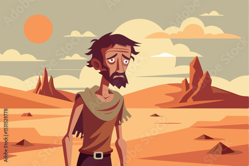 Emaciated man in desert vector illustration, starving survivor in wasteland, extreme thirst and exhaustion