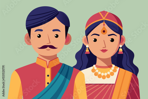 Indian couple vector illustration, traditional hindu newlyweds, mehndi ceremony, ethnic cartoon