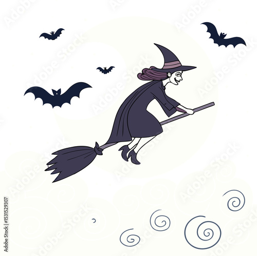 halloween flying witch with broom and bats in sky