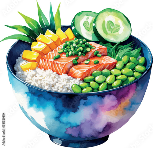 Poke bowl watercolor vector. Hawaiian dish illustration with vibrant food elements and clean layout.