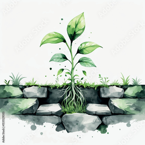 Growth and resilience vector. Conceptual plant breaking through difficulty.