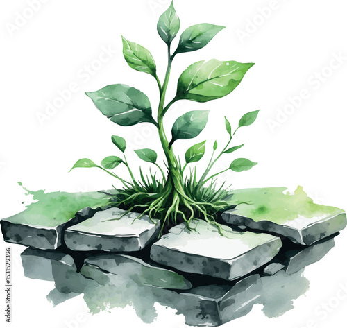 Growth and resilience vector. Conceptual plant breaking through difficulty.