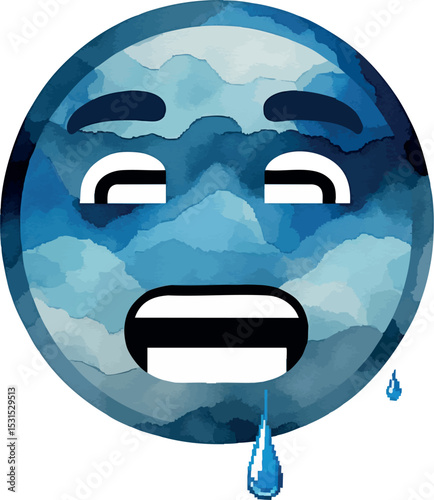 Pixel crying face vector. Watercolor sad emoji with expressive tears and soft blur.