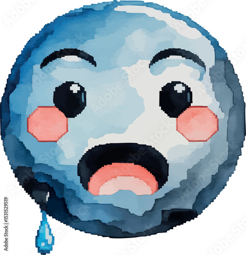 Pixel crying face vector. Watercolor sad emoji with expressive tears and soft blur.
