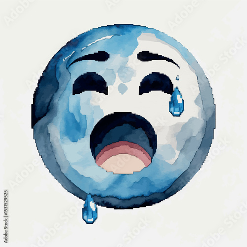 Pixel crying face vector. Watercolor sad emoji with expressive tears and soft blur.