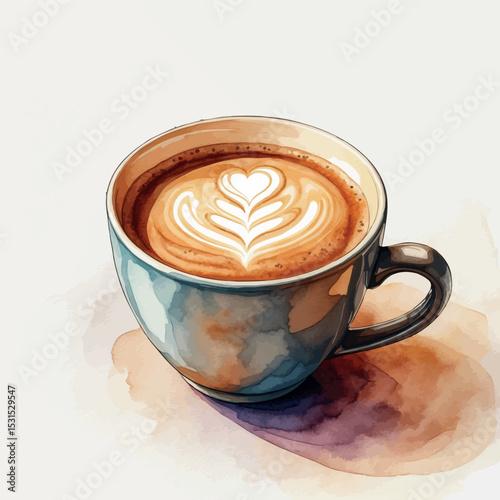 Watercolor cappuccino vector. Coffee cup illustration with latte art and cozy tones.