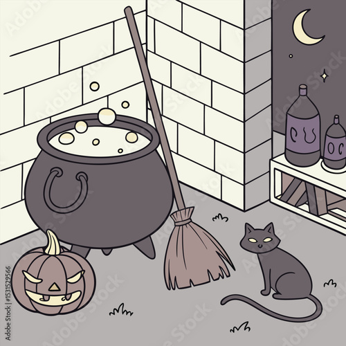halloween witch cauldron cat broom pumpkin night moon