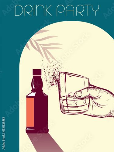 Drink party on the beach, bar poster, glass of alcohol in hand, pencil sketch style. Restaurant banner, alcohol menu, bottle of whiskey, brandy, rum