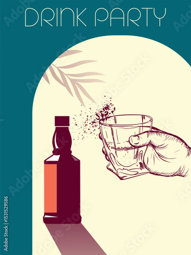Drink party, glass of alcohol in hand, sketch hand drawing, palm trees. Festival, bar poster, alcohol menu, brandy, whiskey, scotch on the rocks, rum, bottle of strong alcohol