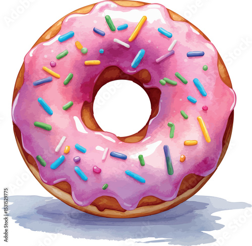 Watercolor donut with sprinkles. Vector sweet food illustration with pink glaze and soft texture.