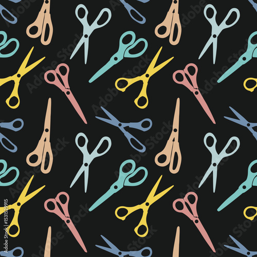 Seamless pattern of colorful scissors for paper or sewing. Pink, blue, green, yellow and beige on dark. Vector background of sewing accessories for educational materials and Back to school theme.