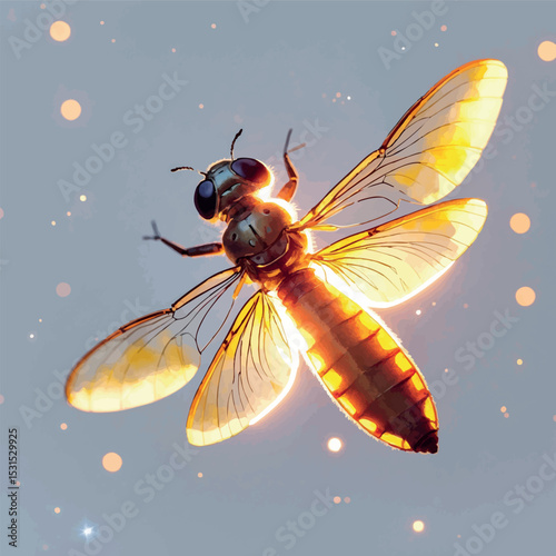 Firefly vector. Watercolor insect with luminous belly and dreamy night style.