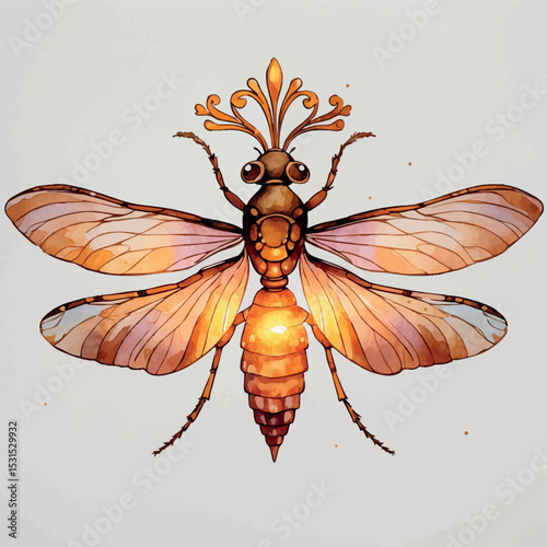 Firefly queen vector. Regal fantasy insect with warm glow and ornamental design.