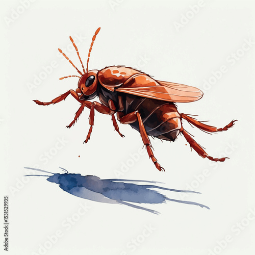 Jumping flea vector. Watercolor insect in mid-leap with motion lines and detailed form.