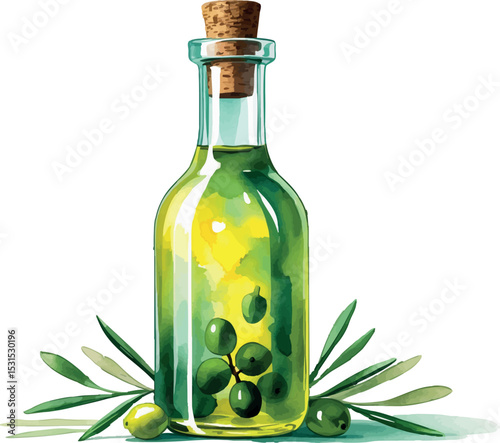 Watercolor olive oil bottle vector. Gourmet ingredient with elegant color and clean layout.