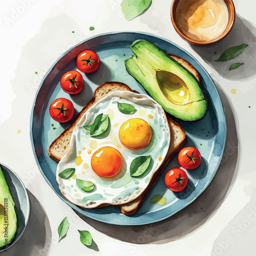 Watercolor breakfast plate vector. Healthy food illustration with vibrant ingredients and clean style.