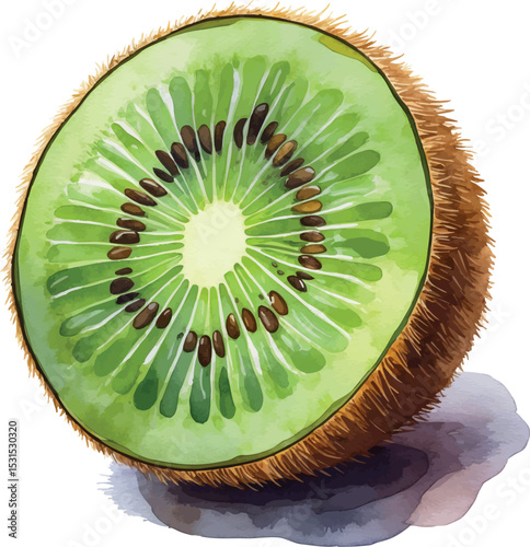 Watercolor kiwi slice vector. Fresh tropical fruit with seed detail and clean illustration.