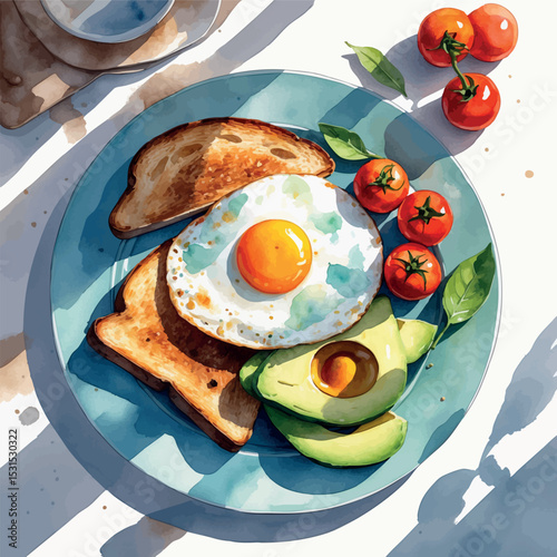 Watercolor breakfast plate vector. Healthy food illustration with vibrant ingredients and clean style.