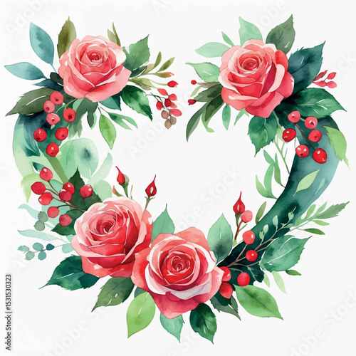 Romantic heart wreath vector. Watercolor floral illustration with roses and berry accents.