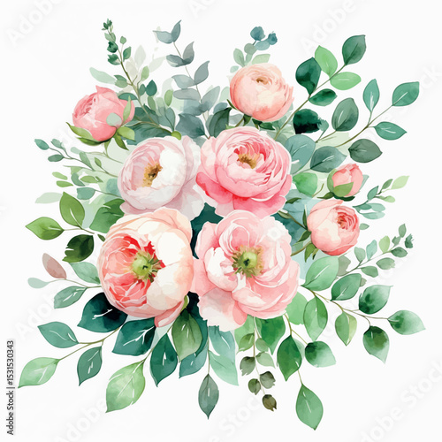 Watercolor floral arrangement vector. Soft pink bouquet with green leaves and elegant style.