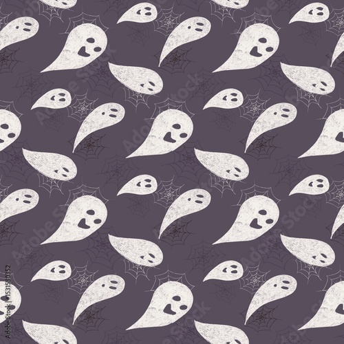 Chalky Cute Ghost Pattern with Spiderwebs – Halloween Design Seamless Pattern