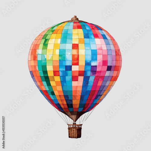 Pixel hot air balloon vector. Colorful watercolor pixel design with retro charm.