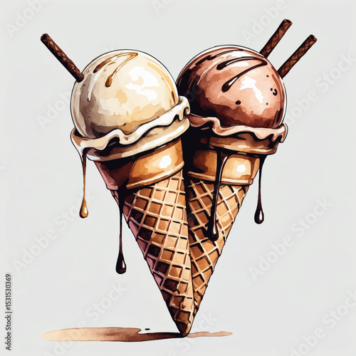 Ice cream cone watercolor vector. Sweet treat with chocolate vanilla and cone texture.