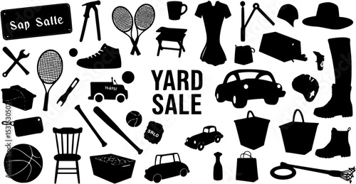 Yard sale vector silhouette banner with assorted household and sport items. vector set
