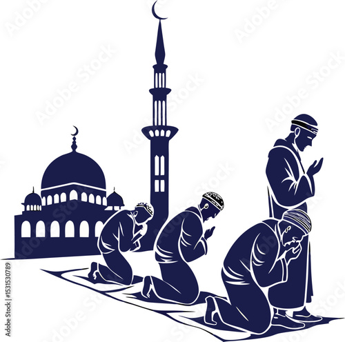 muslim men praying in mosque with islamic design
