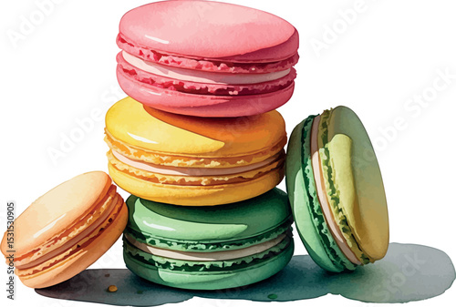 Macaron stack watercolor vector. Colorful pastry illustration with artistic pastel texture.