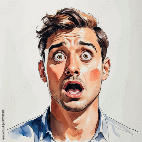 Shocked man portrait. Watercolor reaction in dynamic expressive lines.